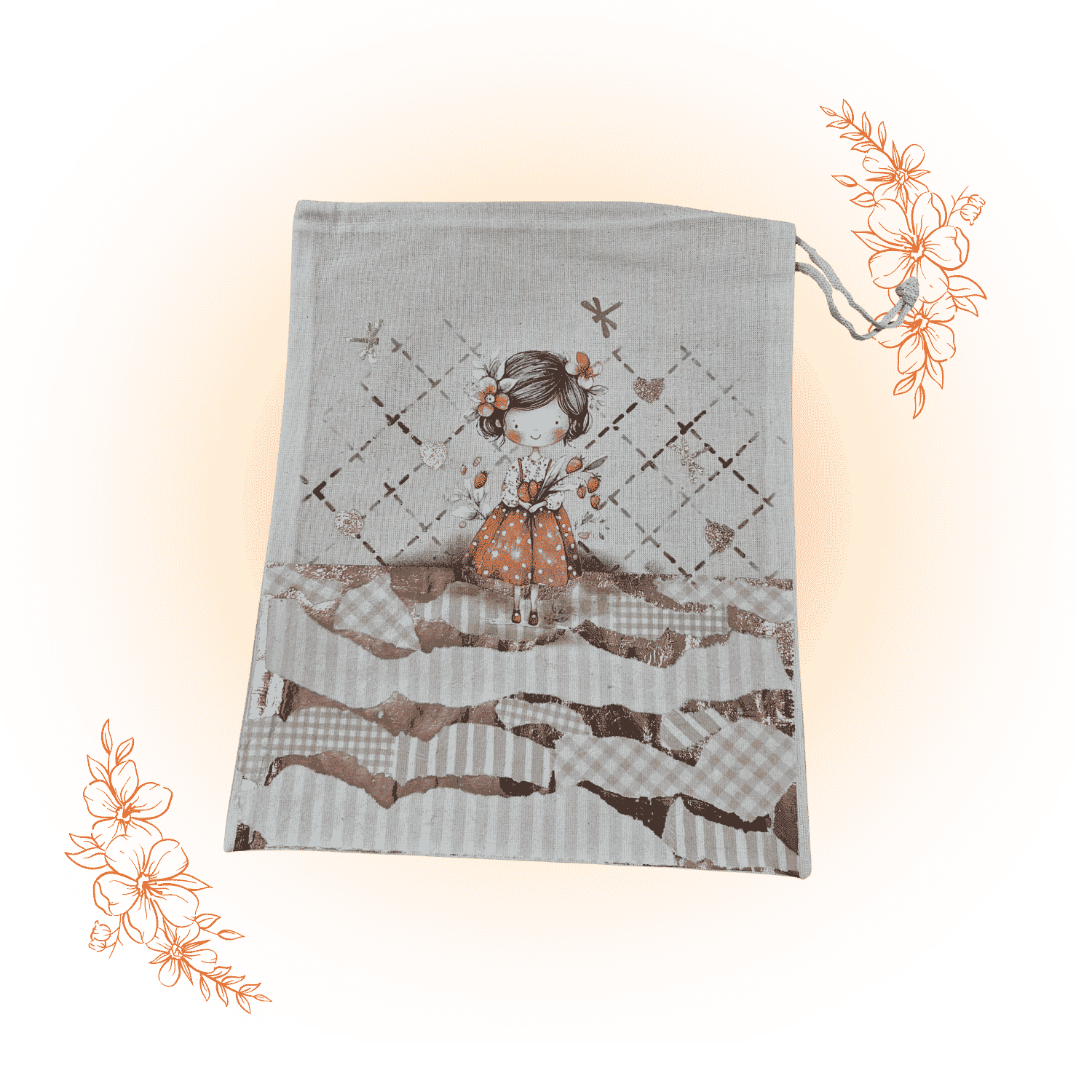 Bolsita de lienzo intervenida con collage textil, foil, transfer y stencil